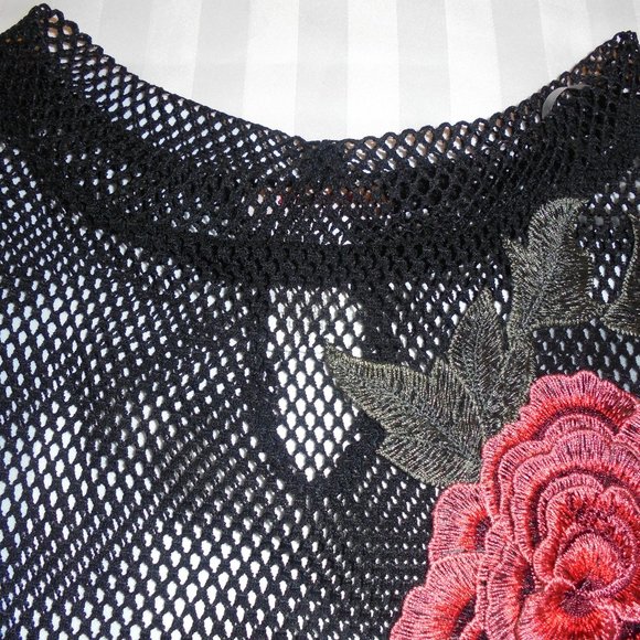 Top Cropped Black Mesh Embroidered see-through net short blouse shirt Retro - Picture 4 of 8